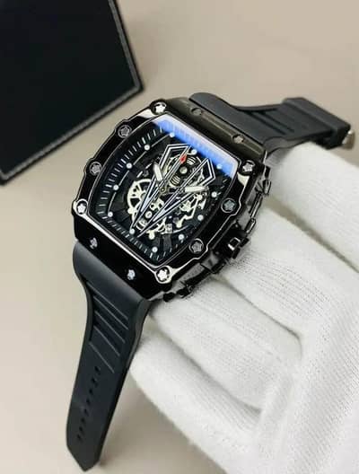 Square Skeleton Watch Black Rubber Strap RM Style - New