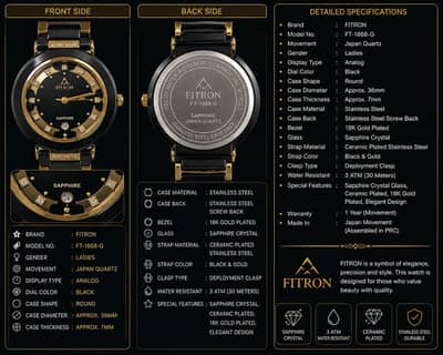 FITRON FT-1868-G Japan Quartz Ceramic Style Luxury Watch – Black Gold