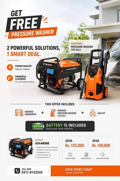 Daewoo 2KVA , 3KVA Generator with free Portable Pressure Washer