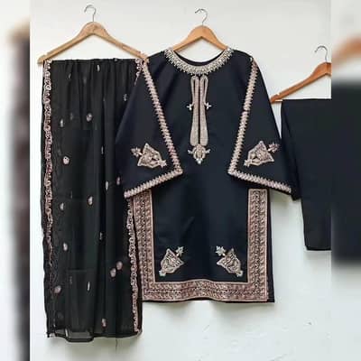 Black Shamoz silk 3_piece suit with embroidery & shiiffon dupatta