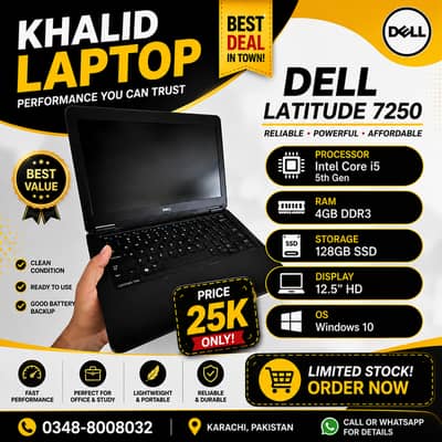 Dell Latitude 7250 Core i5 5th Gen Laptop | 4GB RAM 128GB SSD | Slim