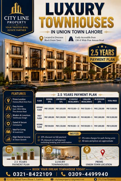Luxury Townhouses Available on Easy Installments in Union Town Lahore