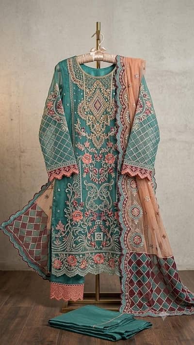 Luxury Teal & Peach Embroidered 3 Piece SUIT |Organza Dress Large Size