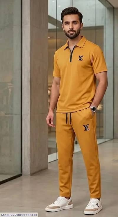 2 Pcs Men's Cotton Jersey Printed Safari Suit | Mustard Color