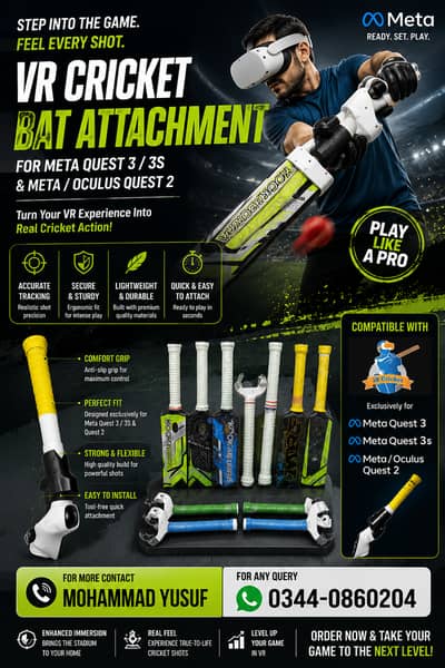 VR Cricket Bat Attachment for Meta Quest 3, Quest 3S
