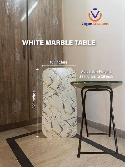 Wooden Marble Foldable Table 16x32 Inch – Adjustable Height Iron Legs