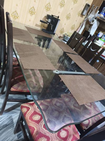 6 Seater Dining Table with Chairs | Glass Top | Wooden Base | Excellen