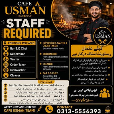Bar B Q Chef ,Supervisor ,Waiter ,Cleaner ,Order Taker Dishwasher Jobs