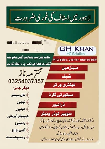 Staff Required in Lahore