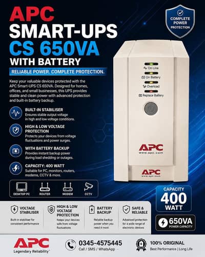 APC Smart UPS 650VA with Battery | Built-in Stabilizer | 400W Capacity