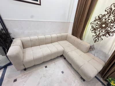 Premium Beige L-Shape Sofa Set + 2 Round Chairs & Stool [Excellent]