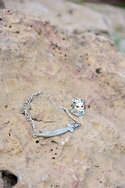 Imam Ali Zulfiqar chain bracelet with lion red eyes ring