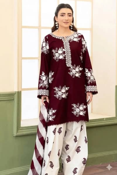  Elegant Maroon Embroidered 3-Piece Ladies Suit 