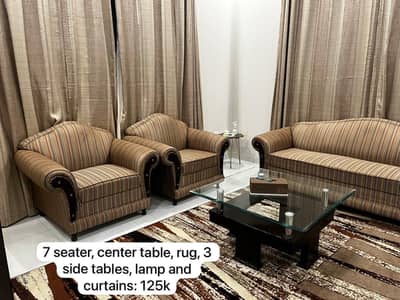 7 Seater Sofa Set with center table, rug and curtains