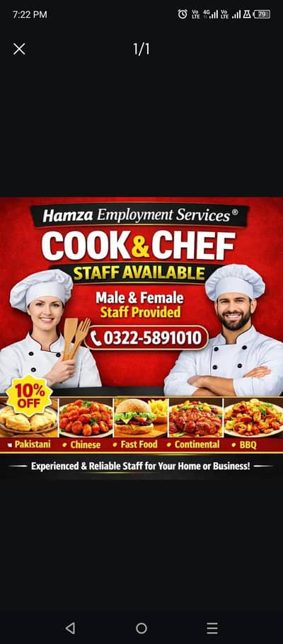 Chef Cook helper Cooking Pakistani Chines Italian fast Staff Maid Home