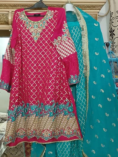 Original Thredz Fuchsia Pink Heavy Embroidered 3-Piece Dress | Size XS