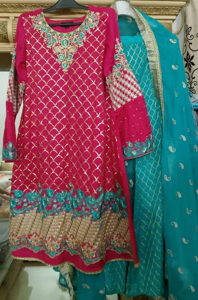 Original Thredz Fuchsia Pink Heavy Embroidered 3-Piece Dress | Size XS