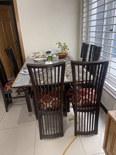 6 Seater Solid Wood Dining Table Set with Glass Top