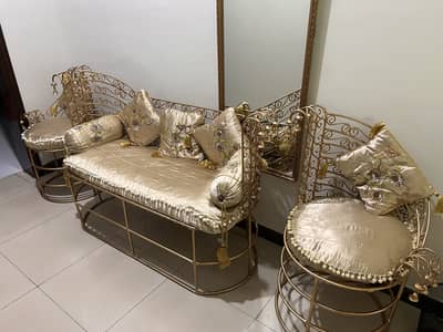 Elegant Golden Metal Sofa Set with Cushions – Excellent Condition