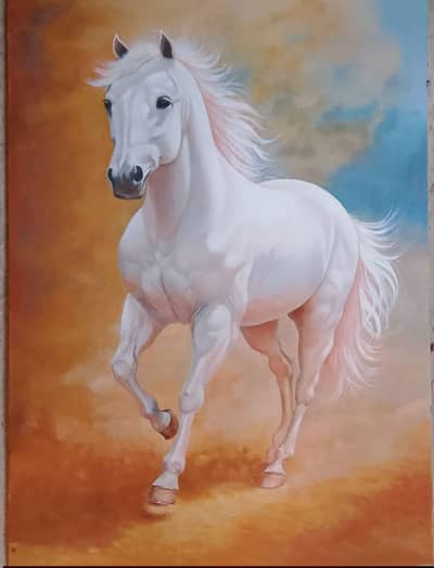 Graceful White Stallion – Original Hand-Painted Oil Painting on Canvas