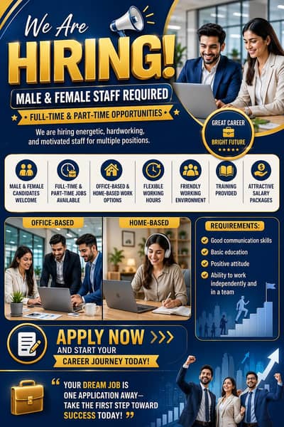 hiring staff male, female , full time and part time