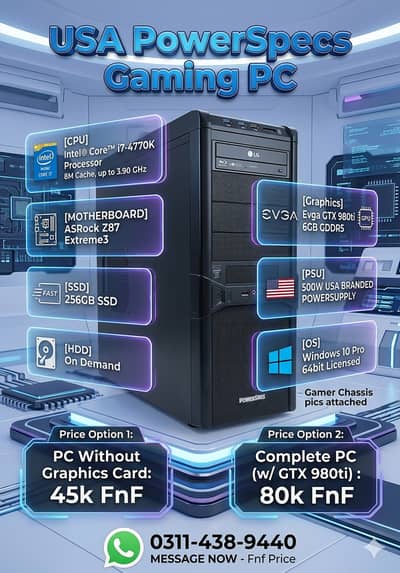 USA PowerSpecs Gaming PC i7 4770k Asrock Z87 16GB DDR3 RAM GTX 970 4GB