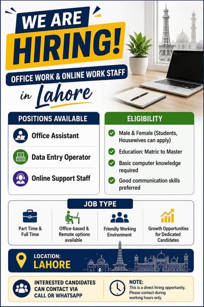 Office and Online Work Jobs Available - Male/ Female (Lahore)