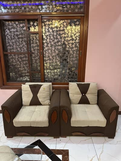 7 Seater Brown & Beige Sofa Set with Center Table