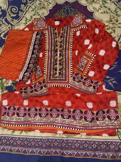Ladies Fancy Orange Lawn Suit with shirt Dupatta