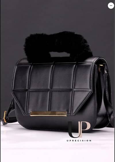 UPRECISION Fur Handle Quilted Crossbody Bag Black Premium