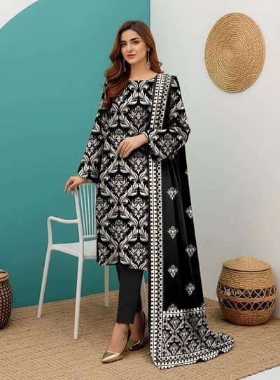 "Brand New 3 Piece Lawn Suit – Black & White Floral Print pa