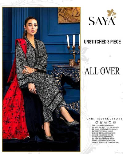 Unstitched 3-Piece Printed Lawn Suit with Red Dupatta