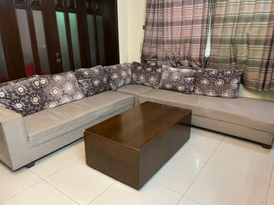 7 Seater L shaped neat and clean sofa, center table and study table