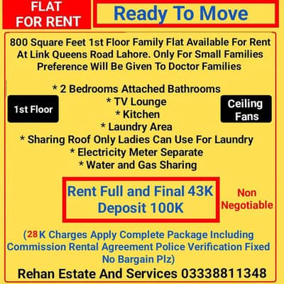 1st Floor Family Flat For Rent At Link Queens Road Lahore