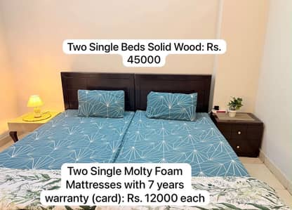 Solid wood 2 single beds with 1 side table
