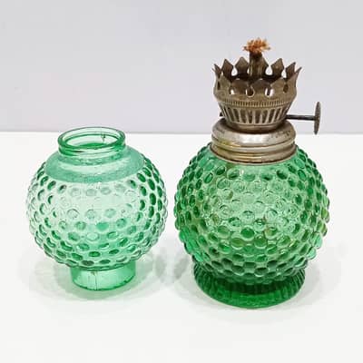 Vintage Green Glass Kerosene Oil Lamp | Made in Hong Kong