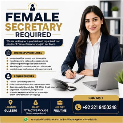 Female Secretary Required in Gulberg Lahore | Fresh & Experienced