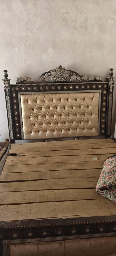 Double bed for sale with solid wood headboard and cushion