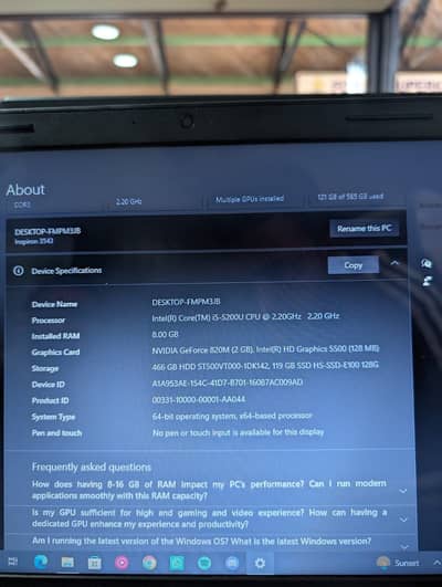 Dell Laptop Core i-5 (5th Gen) in very good cond (Cell: 03087939474)