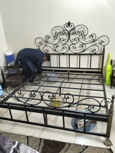 King size iron doublebed with side tables and dressing table & sheet