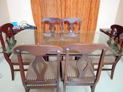 6-Seater Wooden Dining Table Set with Glass Top – Good Condition