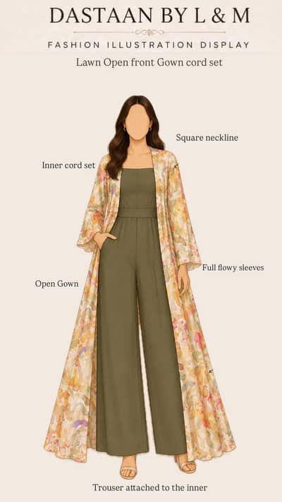  Elegant Lawn Open Front Gown Cord Set – Premium Designer 2-Piece
