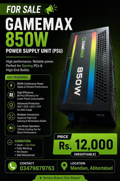 GameMax 850W PSU Power Supply | Gaming PC Power Supply