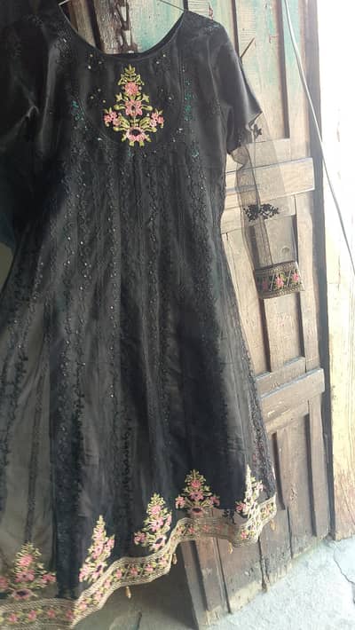 Beautiful Black Frock with Elegant Embroidery and Net Sleeves