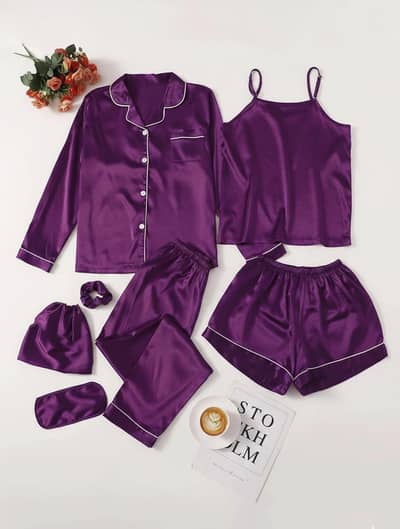 Luxury Black Satin 7-Piece Nightwear Pajama Set