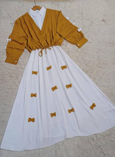 Elegant White & Mustard Bow Detail Girls Maxi Dress