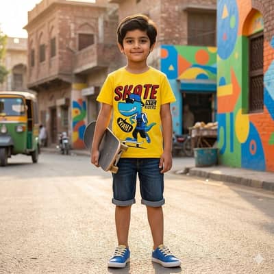 Kids Premium Dino Skater T-Shirt & Denim Shorts Set