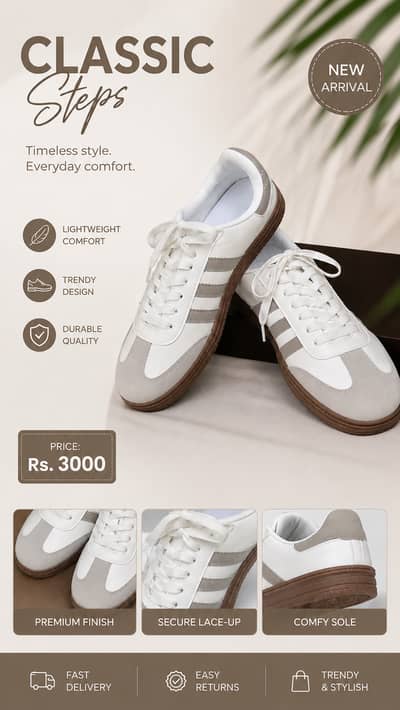 White Casual Sneakers for Men, New Stylish Shoes, Size 9