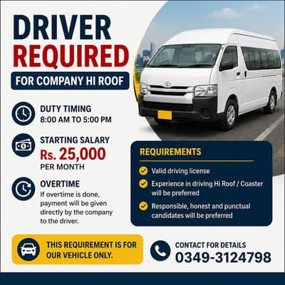 Driver Required for Company Hi Roof – Salary Rs. 25,000