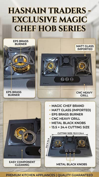 Magic Chef 3 Burner Gas Hob | Imported Matt Glass & EPS Brass Burner